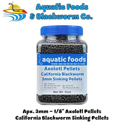 Axolotl Blackworm Pellets. 3mm-1/8 Sinking California Blackworm Medium Pellets for Medium/Large Axolotl, Frogs, Shrimp, Salamanders, Newts, Snails…11oz Jar - size: 11 Ounce (Pack of 1)