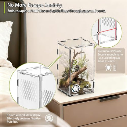 Jumping Spider Enclosure, Front-Opening Acrylic Spider Terrarium with Magnetic Door, Laser-Cut Biomimetic Ventilation System, Escape-Proof for Feeder Insects - size: 4.3"x4.3"x7.8"