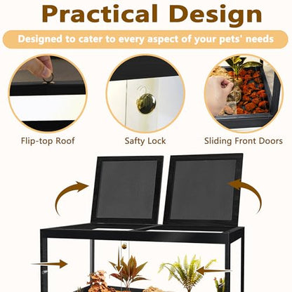 Bearded Dragon Tank 81 Gallon, 48 x 20 x 20 Inch Wooden Reptile Enclosure with Metal Mesh Top, Clear Acrylic Sliding Doors and Lock, Large Lizard and Snake Tank, Black - color: Black, size: 81 Gallons
