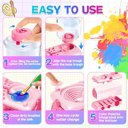 Paint Brush Cleaner Tool, Paint Brush Rinser with Holder, Pink | Water circulation paint brush washer with palette and brush holder for watercolor, acrylic, gouache, beginners and kids. - color: Pink