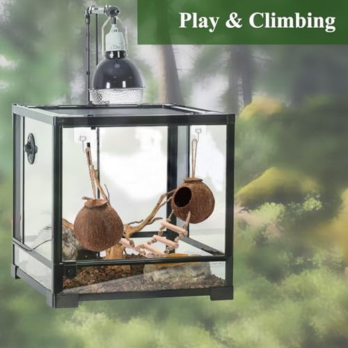 HERCOCCI Gecko Tank Accessories, Hermit Crab Toys Double Coconut Shell | Natural Coconut Husk Hut with Climbing Ladder with Suction Cup for Leopard Gecko Snake Reptiles