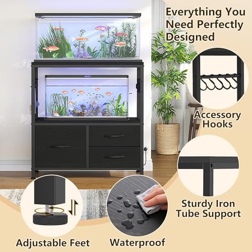 Heybly 20-29 Gal Fish Tank Stand with Drawer, Power Outlet,330lbs HAS001BK | Aquarium Stand,Heavy Duty Metal Frame for Fish Tank, Turtle & Reptile Terrarium, 31.5" x 15.7" Top, Black - color: Black, size: 20-29 gal