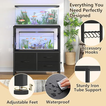 Heybly 20-29 Gal Fish Tank Stand with Drawer, Power Outlet,330lbs HAS001BK | Aquarium Stand,Heavy Duty Metal Frame for Fish Tank, Turtle & Reptile Terrarium, 31.5" x 15.7" Top, Black - color: Black, size: 20-29 gal