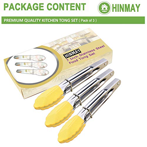 HINMAY 7-Inch Mini Tongs with Silicone Tips, Set of 3 (Yellow) | 7-Inch Small Serving Tongs - color: Yellow
