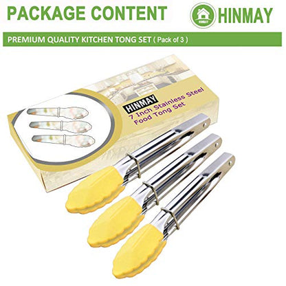 HINMAY 7-Inch Mini Tongs with Silicone Tips, Set of 3 (Yellow) | 7-Inch Small Serving Tongs - color: Yellow