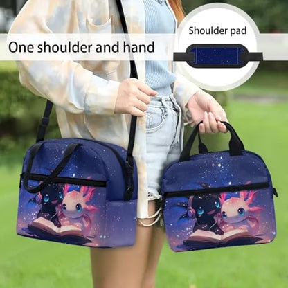 Axolotl Kids Lunch Bag Girls Reptiles Lunch Box Outdoor Book Insulated Lunch Tote Bag Portable Lunch Containers Travel Camping Lunchbag with Shoulder Straps Galaxy Lunch Boxes - color: Axolotl Book Galaxy