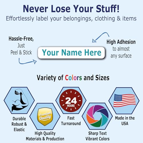 30 Long Personalized Waterproof Name Labels. Press and Stick Multi use Custom Name Labels. Customized Your Text and Color. ID Identification Name Stickers with Permanent Self Adhesive. - color: 30 Long Labels - White Background