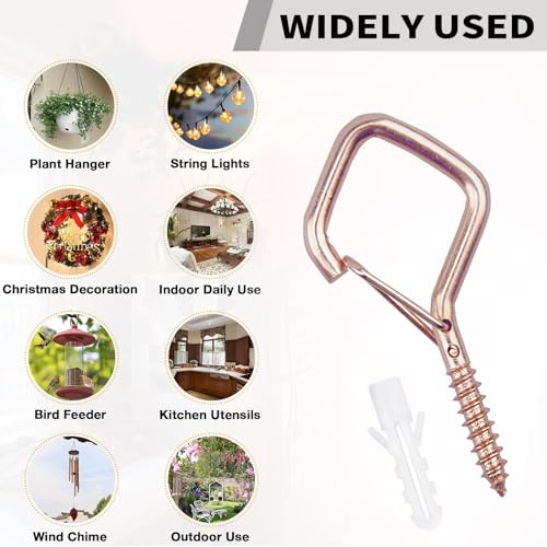 10PCS Eye Screw Hooks for Hanging Heavy Duty with Safety Buckle.Metal Ceiling Hooks for Hanging Plants,Cup,Wind Chime,Bird Feeders,christmas String Lights at Indoor&Outdoor,2.36 Inch(No Drill Bit) - color: Rose Gold, size: 10 Pieces