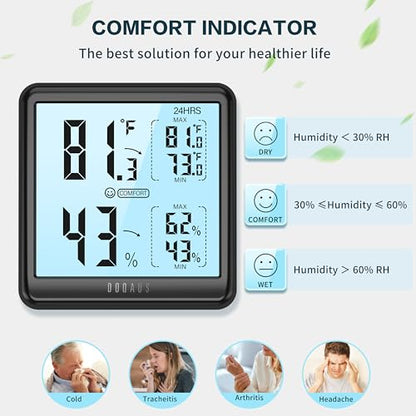 DOQAUS Hygrometer Indoor Thermometer Backlight Humidity Meter Black | 3.05in Large LCD Display, Digital Temperature Humidity Monitor with Max Min Records for Home, Bedroom, Baby Room, Greenhouse