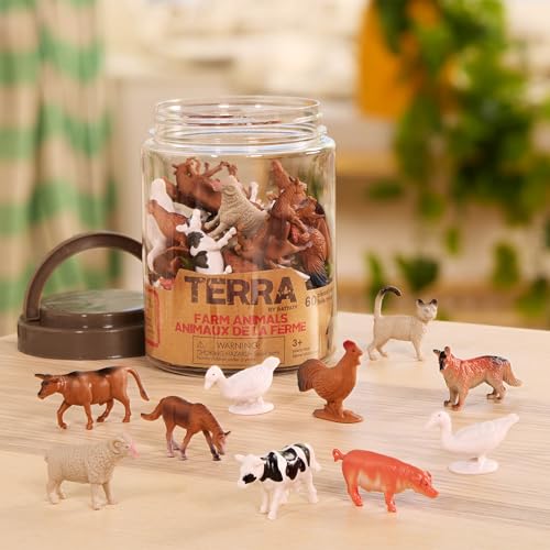 Terra by Battat Farm Animals Toy Tube, 60 Mini Figures, 12 Designs, Tubes | 60 plastic farm animal toys in a storage tube with 12 realistic designs; cow, pig, goat, sheep and more, Animals; 3+ Years - style: Terra Mini Farm Animals in Tube