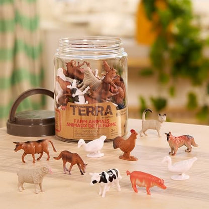 Terra by Battat Farm Animals Toy Tube, 60 Mini Figures, 12 Designs, Tubes | 60 plastic farm animal toys in a storage tube with 12 realistic designs; cow, pig, goat, sheep and more, Animals; 3+ Years - style: Terra Mini Farm Animals in Tube