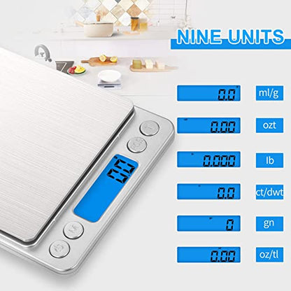 Small Digital Food Scale Ounce/OZ and Gram Scale, Kitchen Scale 3000g/0.1g High Precision for Baking, Soap Making, Jewelry, Includes 2 Trays and Batteries, 9 Units, Tare Function, Easy to Store - color: Silver