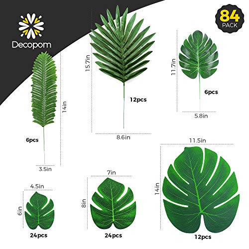 Palm Leaves Artificial Tropical Monstera-84Pcs 6 Kinds Large Small Green Fake Palm Leaf with Stems for Safari Jungle Hawaiian Luau Party Table Decoration Wedding Birthday Theme Party - style: 84 Pack