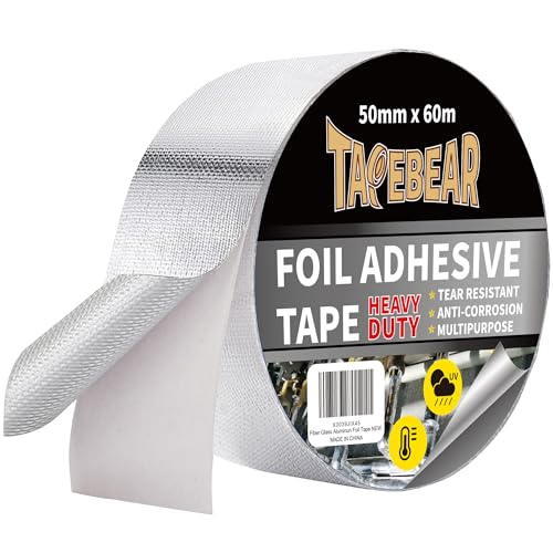 TAPEBEAR Heat Shield Tape Aluminized Fiberglass Cool Tape 2inch x 65Yards | Self-Adhesive Reflective Thermal Barrier Tape Heat Resistant for Air Dryer Vent, HVAC, Heating Unit, Auto, Pipe, 196Ft - size: 2inch x 65yard