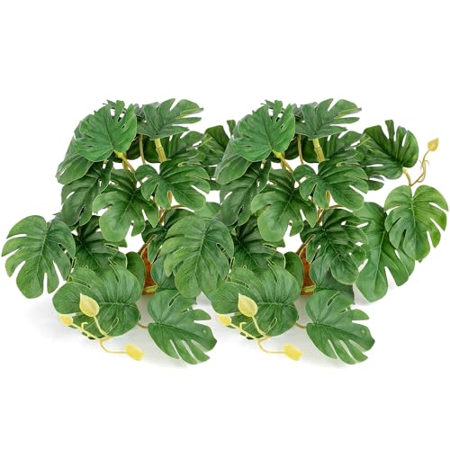 2 Reptile Plants Terrarium Hideaway Amphibian Habitat Fake Monstera | Imitation Reptile Plant Decoration with Base Tank Accessories for Terrarium Ball Python Bearded Dragon Gecko Lizard Tortoise - color: 2pcs Fake Monstera