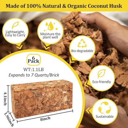 Riare 6 Pack Organic Coco Coir Chips for Plants, 6.6 lb Coconut Husk Bricks | Low EC & pH-Balanced Coco Husk Substrate with Drainage & Aeration, High-Expansion Mulch for Landscaping, Orchids & Soil Mix - size: 6 Pack
