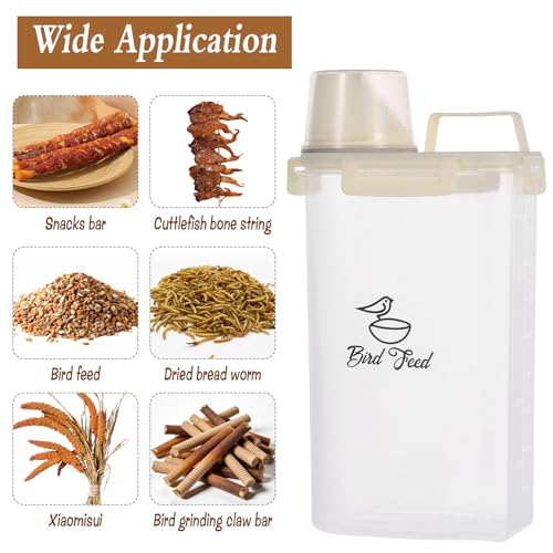 2 Pcs 3.17 Qt/3 L Bird Seed Storage Container Airtight- Portable Bird Food Container with Airtight Measuring Cup, Clear Pet Parrot Seed Dispenser for Birds Food Chicken Feed Storage, Beige Lid