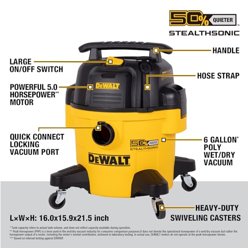 DEWALT STEALTHSONIC Wet Dry Shop Vac 6 Gallon, Shop Vacuum Wet and Dry 5 HP, Ultra Quiet Shopvac with Powerful Suction, Wet Dry Vacuum Cleaner for Home, Garage, Workshop, Jobsite, DXV06P-QT - size: 6 Gallon (1 Dust Bag)