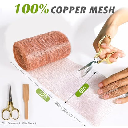 6" x 32 ft Copper Mesh Rodent Control Copper Wool for Slug Mice Snail Pest | Copper Mesh for Mice Pest Snail Bat Control Copper Steel Wool for Weep Hole Covers Blocks Gap Rodent Mesh Scissors Included - size: 6 inx32 ft