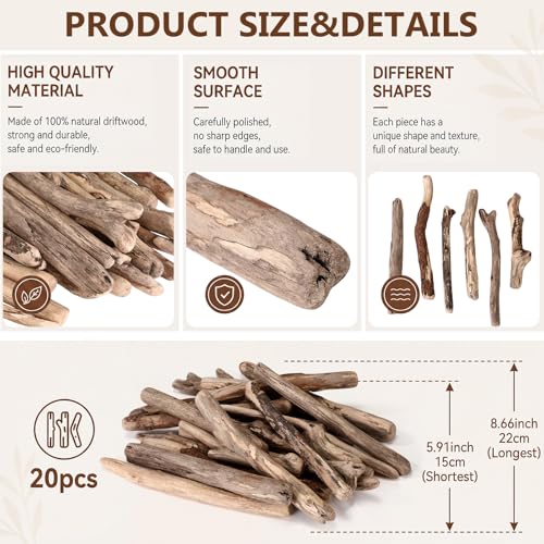 Novabright 20 Pcs Natural Driftwood Branches 5.9-8.6 Inch Long 0.8-1.2 Inch Diameter Beach Driftwood Aquarium Decor for DIY Crafts Coastal Home Decor Wedding Photo Props School Projects