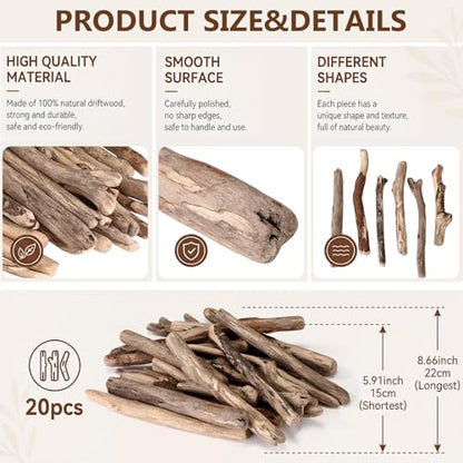 Novabright 20 Pcs Natural Driftwood Branches 5.9-8.6 Inch Long 0.8-1.2 Inch Diameter Beach Driftwood Aquarium Decor for DIY Crafts Coastal Home Decor Wedding Photo Props School Projects