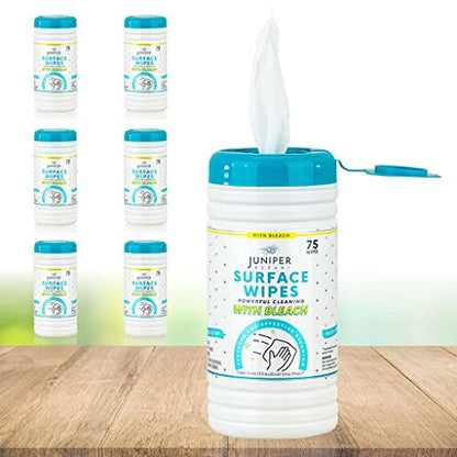 Juniper CLEAN 6 Pack Surface Cleaning Wipes with Bleach, All-Purpose Cleaner for Bathroom, Kitchen, Office, 450 Count Canister, Fresh Scent, 7.5" x 7" Sheet, Lint Free & Durable - size: 75 Count (Pack of 6)