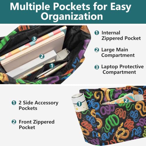 Colorful Snakes Black Tote Bag for Women, Lightweight Tote Bag for Travel | Laptop Compartment, Quilted Design