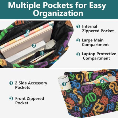 Colorful Snakes Black Tote Bag for Women, Lightweight Tote Bag for Travel | Laptop Compartment, Quilted Design