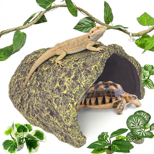 Tfwadmx Extra Large Reptile Hide,Resin Snake Hides for Ball Python,Tortoise Hideout Rock Cave with Vines Plants Leaves,Bearded Dragons Terrarium Habitat Decor for Lizards,Geckos,Turtles(Brown)
