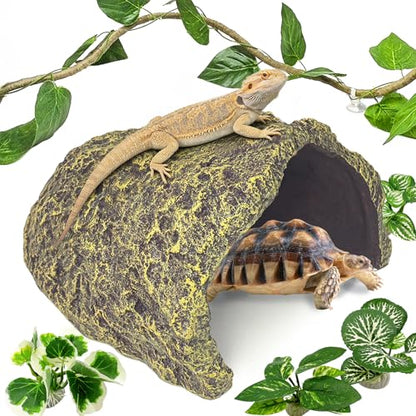 Tfwadmx Extra Large Reptile Hide,Resin Snake Hides for Ball Python,Tortoise Hideout Rock Cave with Vines Plants Leaves,Bearded Dragons Terrarium Habitat Decor for Lizards,Geckos,Turtles(Brown)