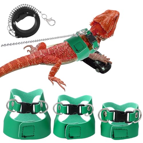 3 Pack Bearded Dragon Harness and Leash Set with 3 Sizes Vests | Adjustable Bearded Dragon Accessories, 6.56ft Lead For Reptile Training Walking, Rust-Proof Swivel Hook, Easy To Wear, Green - color: Green