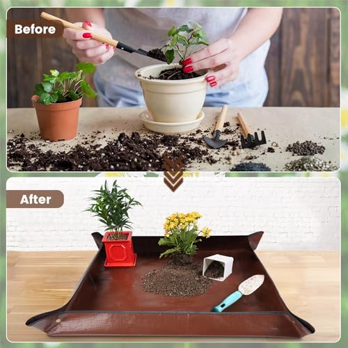26.8"X26.8" Repotting Mat for House Plants Transplanting Control Mess, Foldable Waterproof Gardening Tray Mat Gardening Gifts for Plant Lovers - color: Brown, size: Small 26.8" X 26.8"