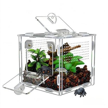 Jumping Spider Enclosure, Small Reptile Terrarium for Tarantula Hermit Crab Praying Mantis, Acrylic Insect Habitat with Magnetic Front & Top Opening (4.52" x 4.52" x 4.52") - size: Small Szie