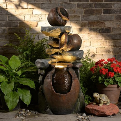 Rustic Jar Outdoor Water Fountain with Planter 38.5" Large Tiered Waterfall with Warm LED Lights, Handcrafted Resin Fountain for Zen Garden, Deck & Indoor Home Decor