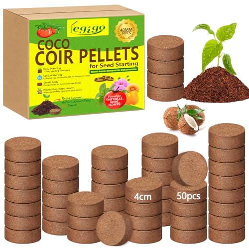 50 Pcs 40mm Coco Coir Pellets Seed Starter Soil Mix- Organic Coconut Coir Potting Soil Pods for Seedling, Coco Peat Soil Discs for Indoor & Outdoor Plants Bonsai Herbs Vegetables and Flowers - size: 40mm