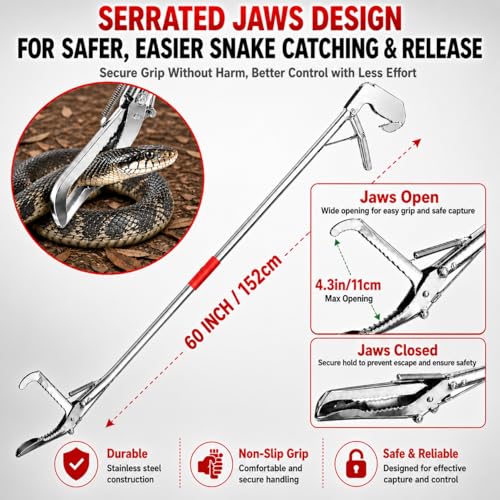 60" Snake Grabber, Collapsible Stainless Steel Snake Catcher with Lock | Safely catch and relocate snakes with a durable stainless steel grabber featuring a wide jaw, secure lock, and 60-inch reach. - size: 60" snake grabber