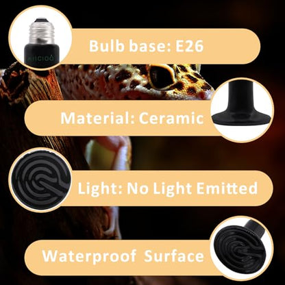 Aiicioo 75W Black Ceramic Heat Emitter 2Pack No Light Heat Bulb for Reptile Emitting Heat Lamp Bulb for Bearded Dragon Lizard Tortoise Turtle Snake Brooder Coop