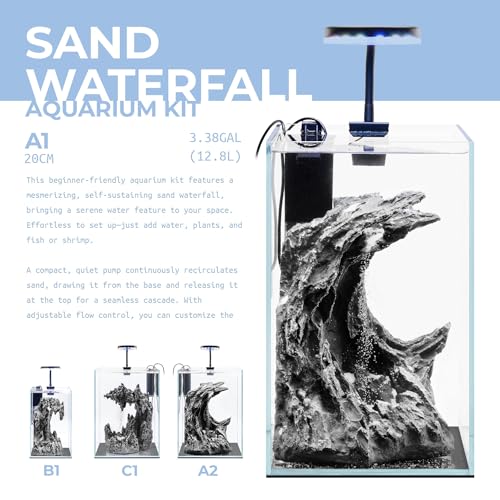 Sand Waterfall Tank Kit - Silent Operation Falling Sand Fish Tank w/LED Light and Self Cleaning Filtration - Desktop Rimless Starter Aquarium Kit, Just Add Plants - 3.38GAL | 12.8L (A1) - size: A1 (20CM)