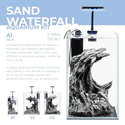 Sand Waterfall Tank Kit - Silent Operation Falling Sand Fish Tank w/LED Light and Self Cleaning Filtration - Desktop Rimless Starter Aquarium Kit, Just Add Plants - 3.38GAL | 12.8L (A1) - size: A1 (20CM)