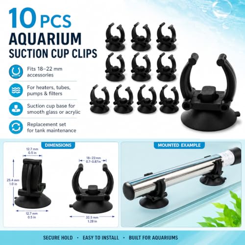10Pcs Aquarium Suction Cup Clips, 18-22mm, Black, Universal Fish Tank Holders for Heaters, Pumps, Filters and Hood