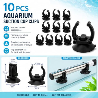 10Pcs Aquarium Suction Cup Clips, 18-22mm, Black, Universal Fish Tank Holders for Heaters, Pumps, Filters and Hood