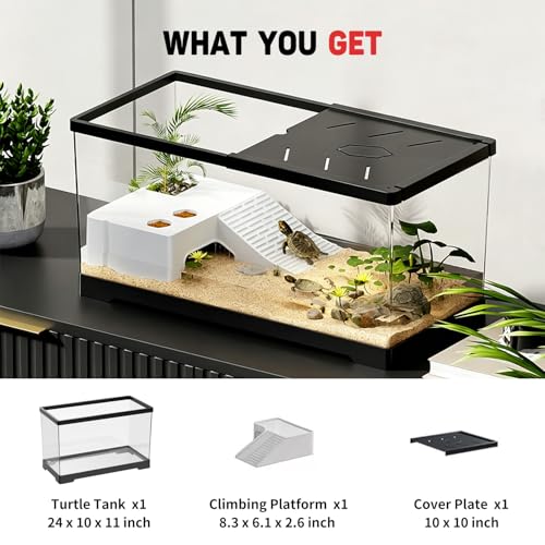 Aquatic Turtle Fish Tank 24" x 10" x 11", 11 Gallon Reptile Terrarium with Basking Platform & Bottom Drainage, PC Material Habitat Enclosure for Juvenile Turtle, Crayfish, Crab, Amphibian