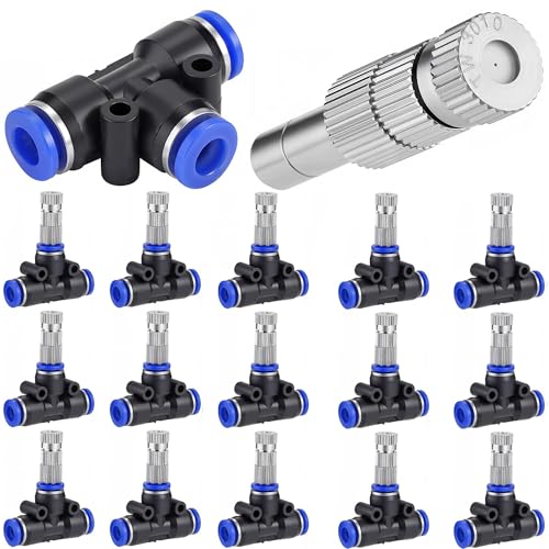 30 Pcs Brass Misting Nozzles Mister & 1/4" Water Misting Nozzle Tees Kit | Replacement Nozzles with Filter Mesh 0.012"/0.3mm Orifice Misting System Heads Sprayer for Outdoor Cooling System - style: Mister Heads 15 Pcs + 1/4'' Misting Nozzle Tees 15 Pcs
