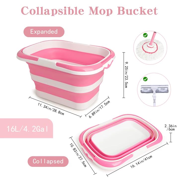 Large Collapsible Bucket for Cleaning, 4.2 Gallon (16L) Silicone Bucket with Handle & Hanging Hole, Foldable Space-Saving Mop Bucket for Home, Storage. Car Wash, Camping, Beach (Pink White) - color: Pink White