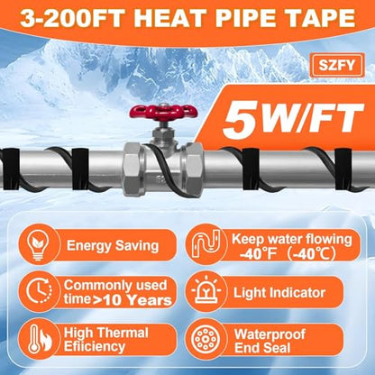 100FT Heat Tape for Water Pipes, -40°F Deicing Cable,120V 5W/FT - size: 99FT
