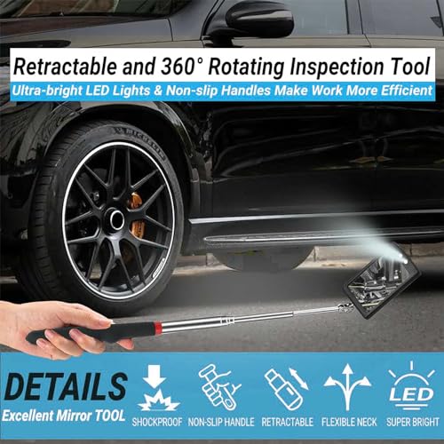 Telescoping Magnetic Pickup Tool Set, Telescopic Inspection Mirror | Flexible Bendable Spring Magnet Stick, LED Flashlight Pickup Rod, Cool Gadgets for Men