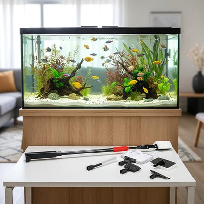 TOPZEA 6 in 1 Aquarium Cleaning Tool Kit, Fish Tank Cleaner Set with Adjustable Telescopic Long Handle (21-32 Inch) Include Algae Scraper, Scrubber Pads, Fish Net, Tube Cleaning Brush, Gravel Rake