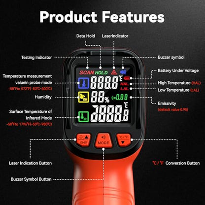 Infrared Thermometer Temperature Gun -58°F to 1796°, 16:1 Non Contact Laser Thermometer Gun with Thermocouple Probe for Humidity, Pizza Oven, Griddle, Ir Temp Gun for Home and Industry Repair - color: -58°F to 1796°F, Orange