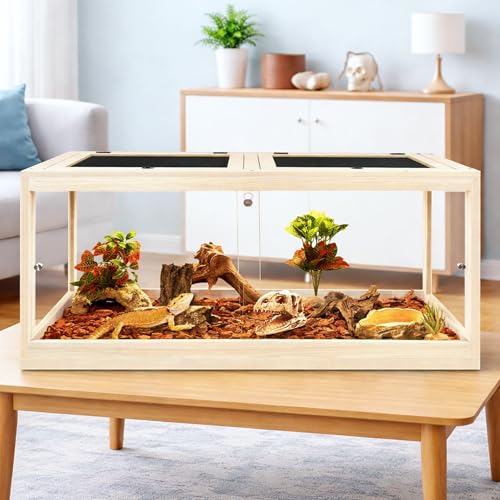 82 Gallon Bearded Dragon Tank, 48 x 20 x 20 Inch Tempered Glass Reptile Enclosure with Metal Mesh Top, Lockable Sliding Front Doors, Large Lizard and Snake Terrarium, Oak - color: Oak, size: 82 Gallon (48x19.5x19.5 Inch)