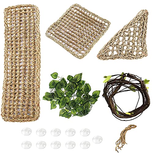 PINVNBY Hammock for Bearded Dragons,Lizard Lounger Reptile Natural Seagrass Habitat Decoration Reptiles Tank Accessories Jungle Climber Vines Flexible Leaves Climbing Decor for Gecko Chameleon(5 PCS)